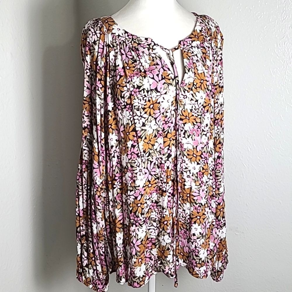 Emily Wonder Fall Bouquet Top, Pink, White, Rust, Tie & Loophole, Size 1X, NWT